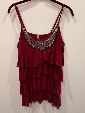 Vanity Y2K Burgundy Red Tiered Beaded Tank Top
